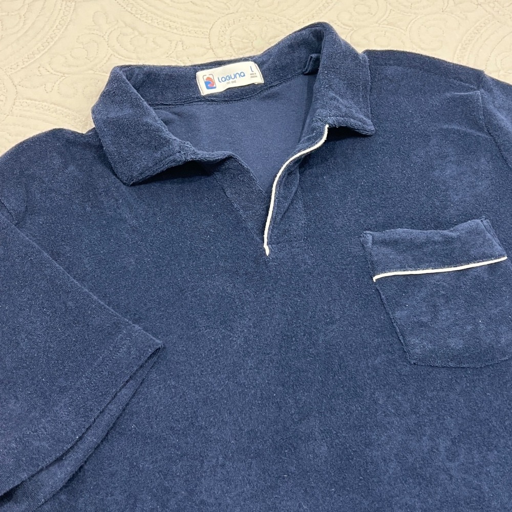 Laguna Mens Navy Blue Terry Cloth Polo Shirt Short Sleeve Pocket Large Beach